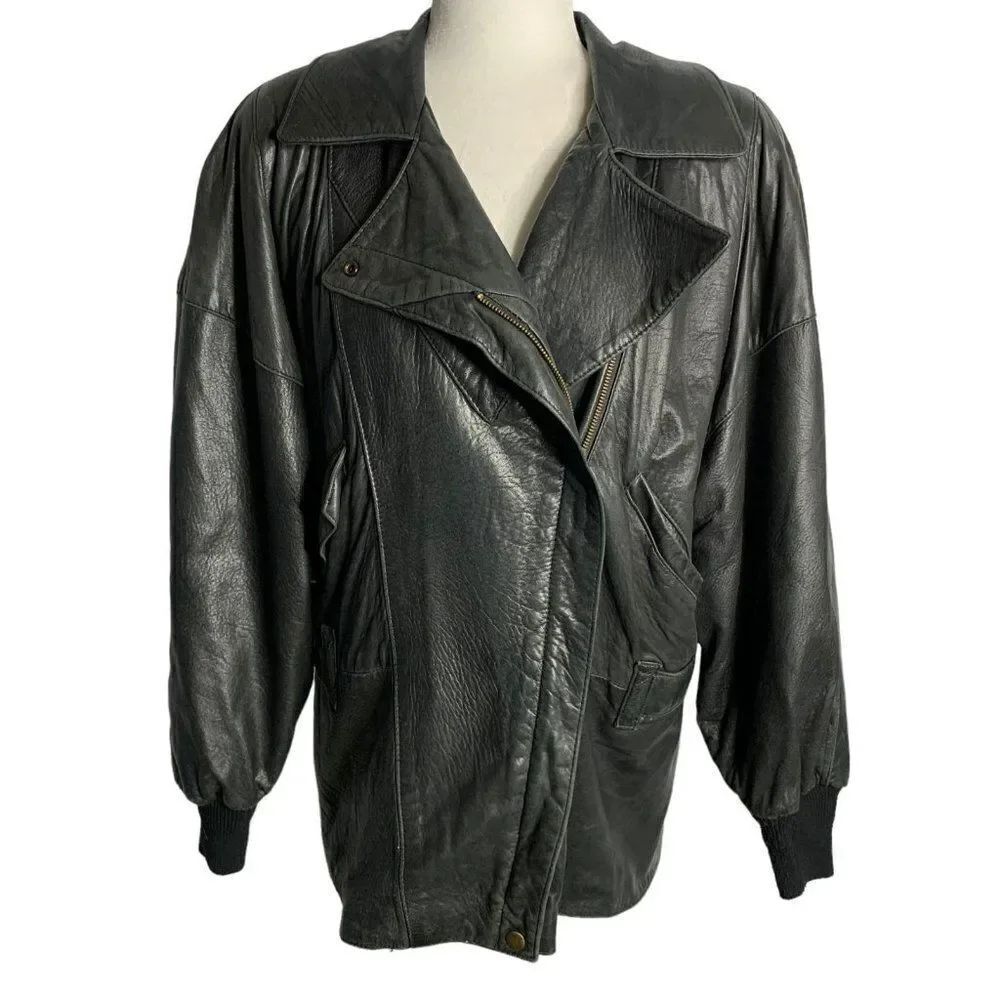 Vintage 80s Melanzona Leather Moto Jacket M Black Pockets Lined Shoulder Pads